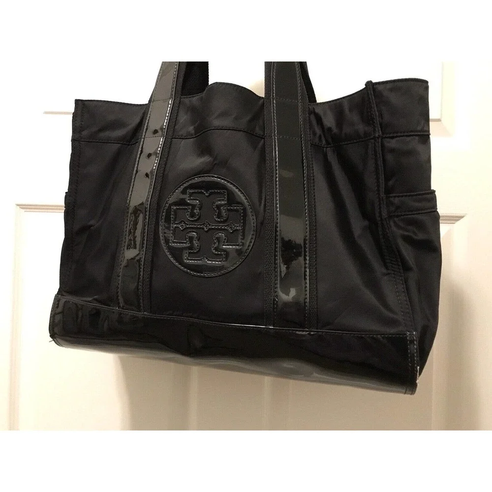 Tory Burch Tote Bag Black Patent Leather Nylon Large - Picture 1 of 16